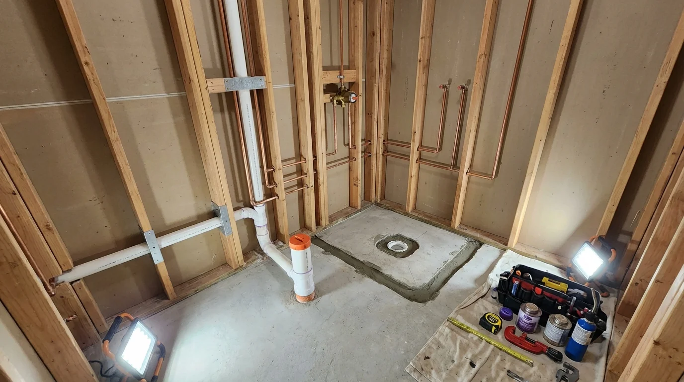 Bathroom rough-in plumbing during remodel by Johns Plumbing LLC in Yadkinville