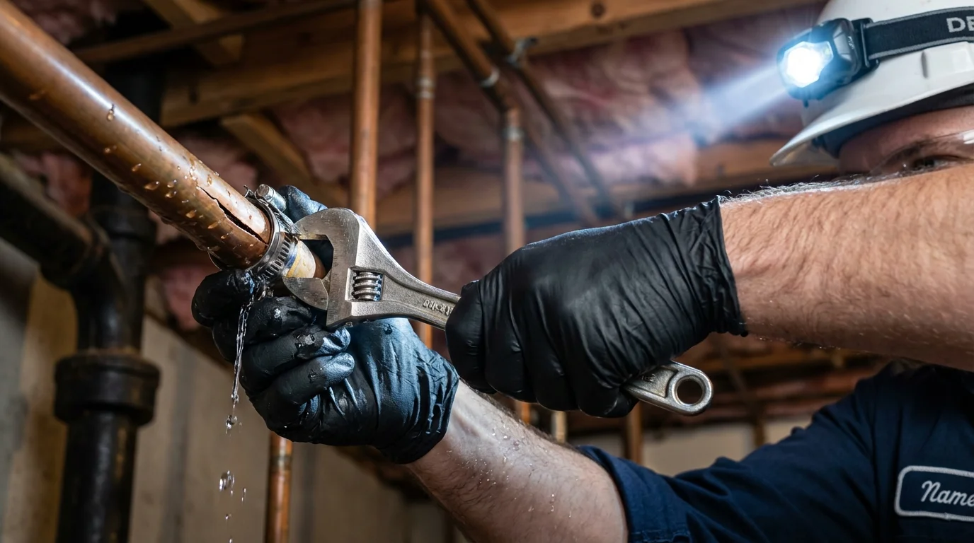 Emergency pipe clamp repair being performed by a Johns Plumbing LLC plumber in Yadkinville