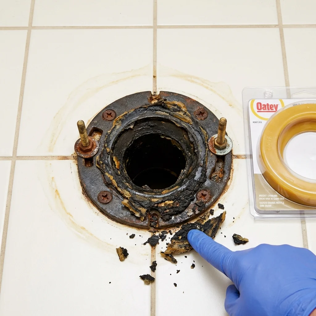 Failed wax ring showing water seepage at the base of a toilet in a Yadkinville, NC home