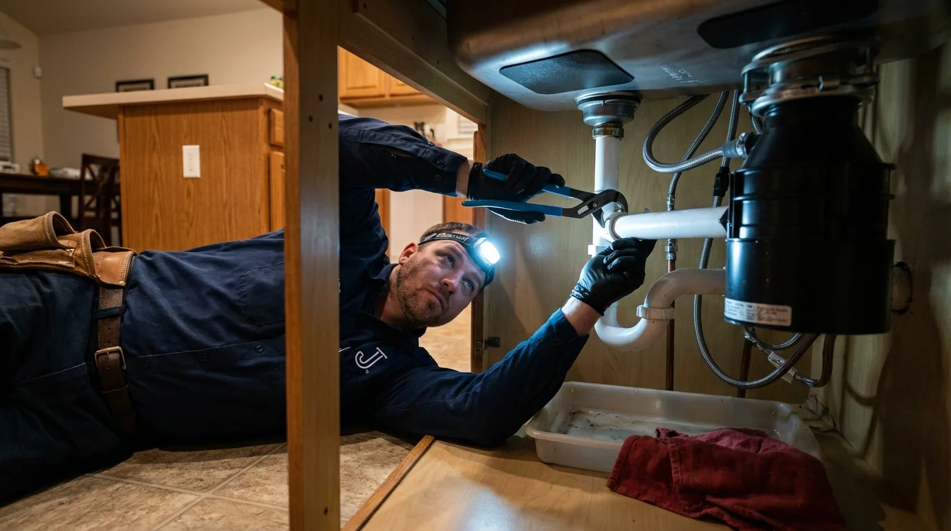P-trap and supply line connections under a kitchen sink showing a common leak point in Yadkinville, NC